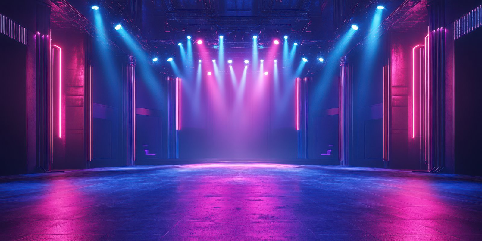 Vibrant stage illuminated with colorful lights in a modern performance venue during an evening event